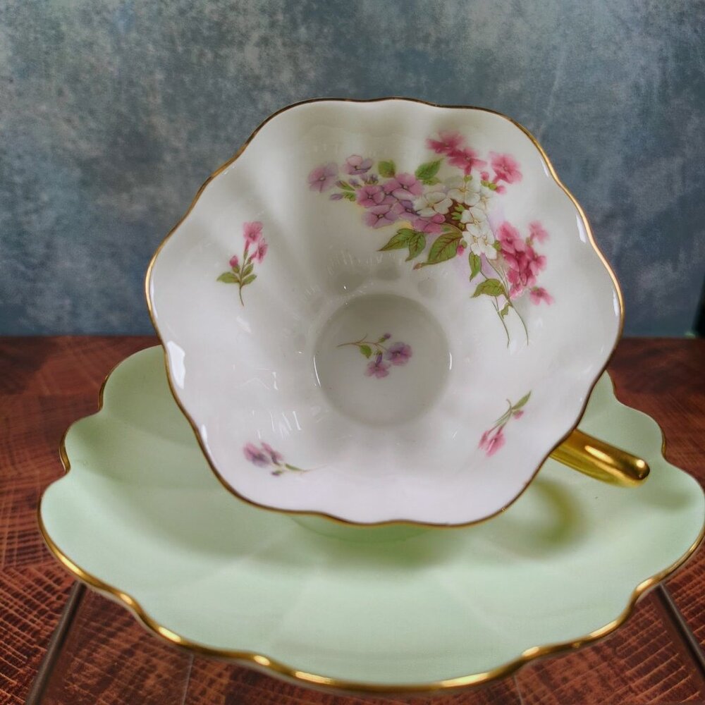 Vintage Shelley Teacup & Saucer Mint Green With Floral Pattern Stratford shape